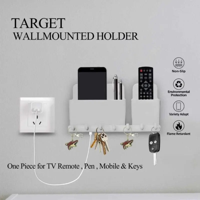Wall Mounted Mobile Phone Holder with Key Hanger & Charging Stand – Multi-Purpose Organizer Rack