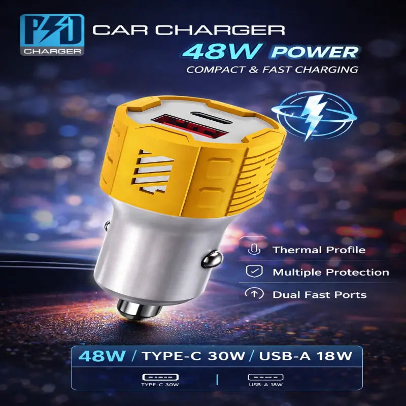 48W A+C Yellow Car Charger – Fast Charging USB & Type-C Car Charger with Shu Box Packing