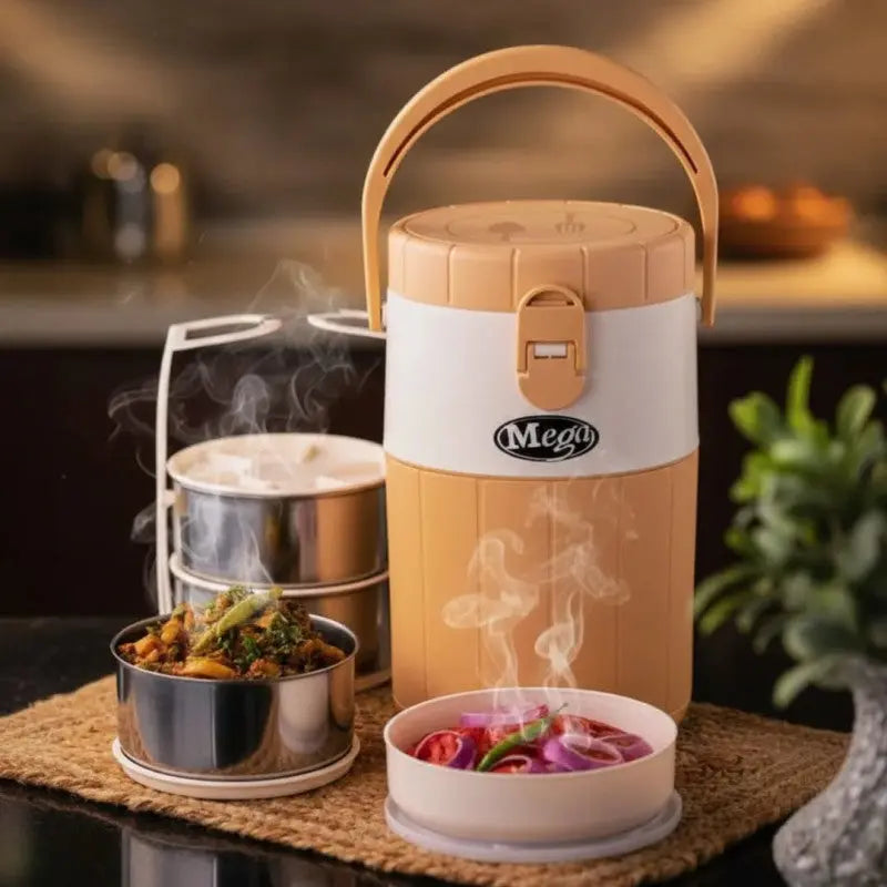 Mega Lunch Carrier & Tiffin 3 Bowl Set | Stainless Steel Lunch Box with Plastic Salad Bowl