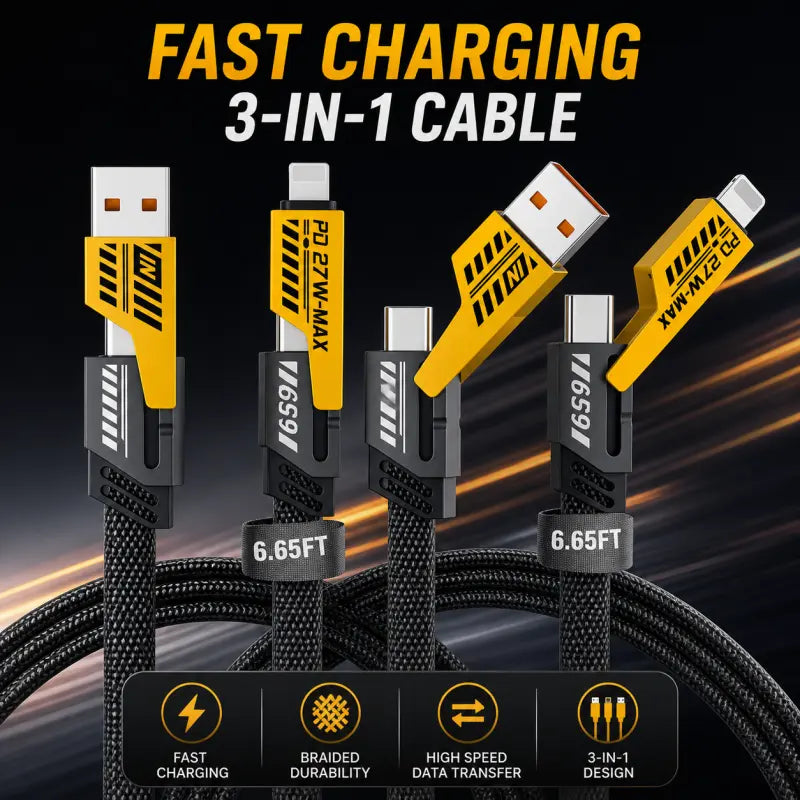 Yellow Multi Cable 4 in 1 – Fast Charging USB Multi Charger Cable for Android & iPhone