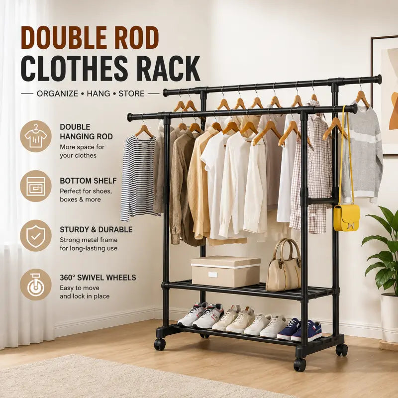 Simple Shoe Rack Metal Wall Coat Rack Hanger Floor Stand on Wheels – Industrial Style Clothes & Shoe Storage Shelf (50kg Capacity)