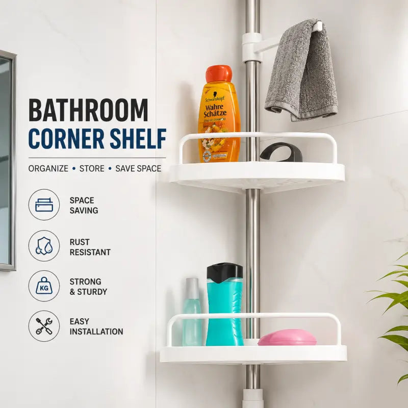 Bathroom Corner Shelf Shower Rack Organizer 2 Steps – Wall Mounted Space Saving Bathroom Storage Rack