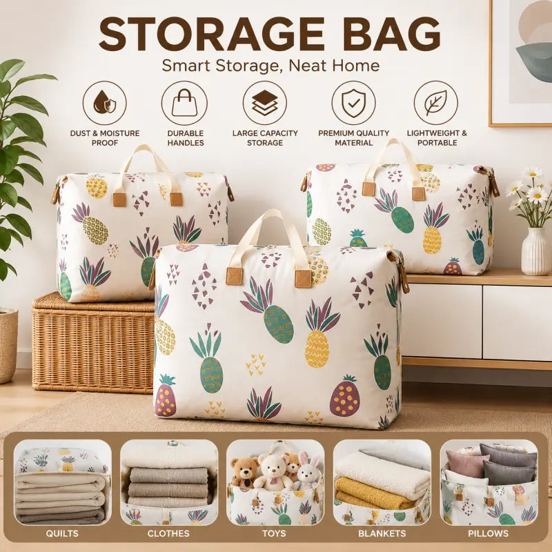 Pineapple Storage Bag – Foldable Clothes, Toys & Blanket Organizer Bag | Dustproof Large Capacity Storage Solution