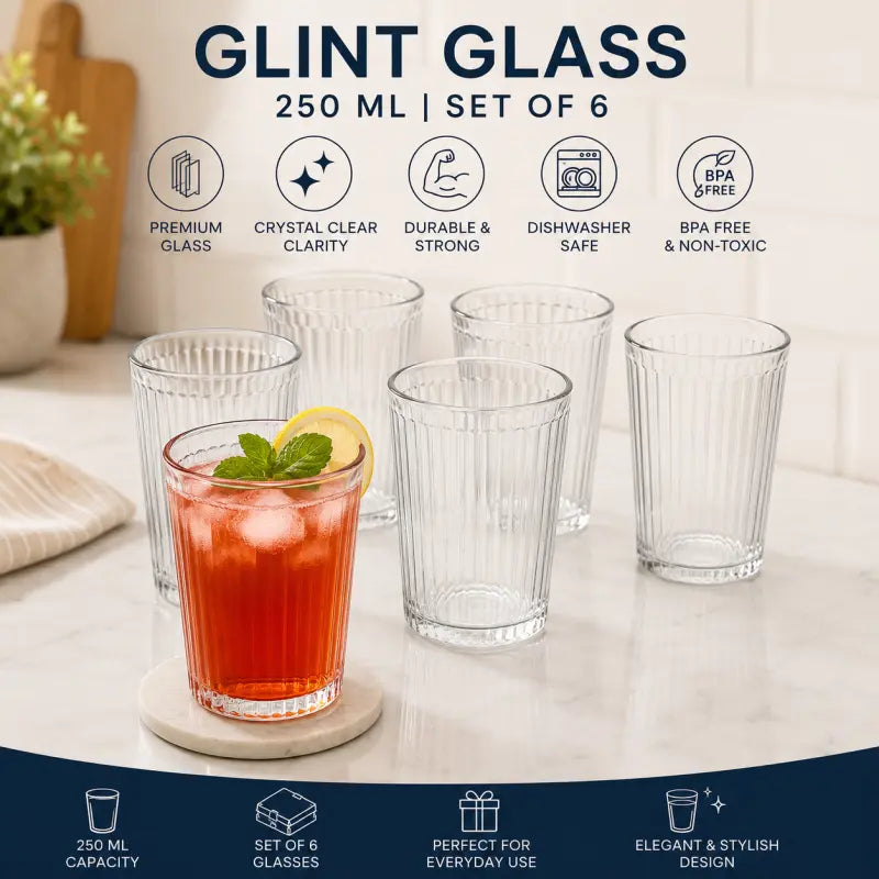 Glint Glass Pack of 6 Clear Drinking Glasses – Premium Transparent Water Juice Glass Set for Home & Kitchen