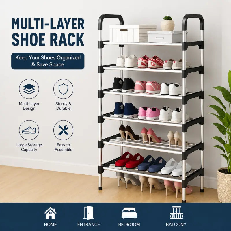 6 Layer Steel Shoe Rack – Heavy Duty Metal Shoe Storage Organizer Shelf for Home, Entryway & Closet